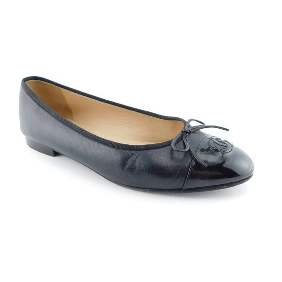 CHANEL Classic CC Logo Cap Toe Bow Black Leather Ballet Flats 39 - Picture 1 of 10